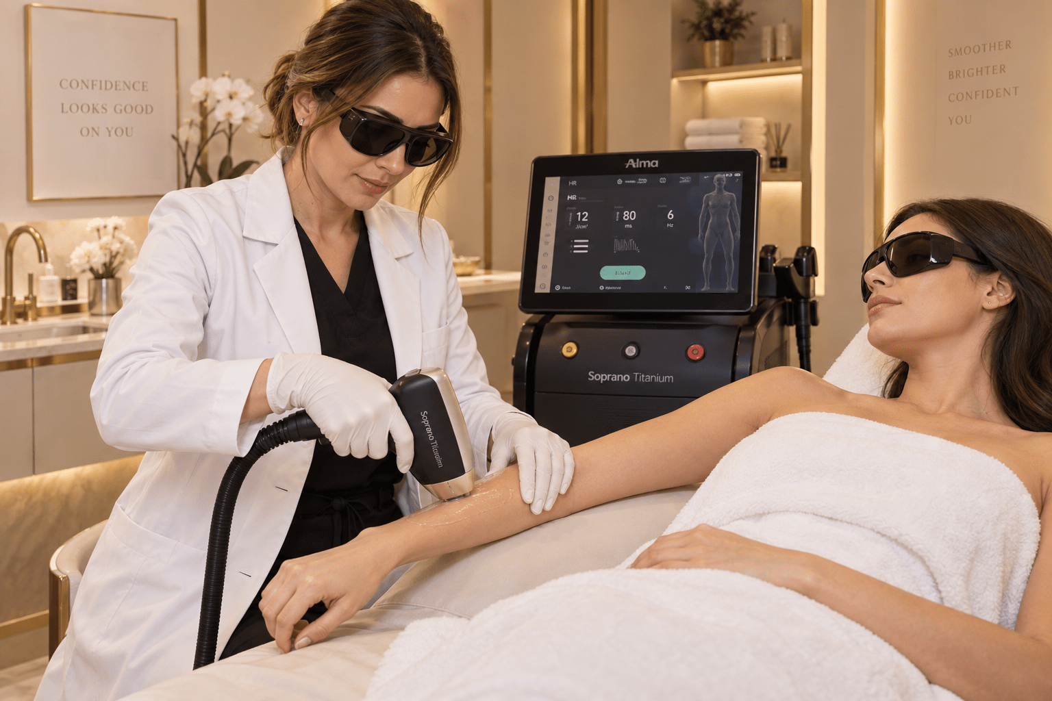 Female patient undergoing Alma Soprano Titanium facial laser hair removal at Aesthetics Lab clinic