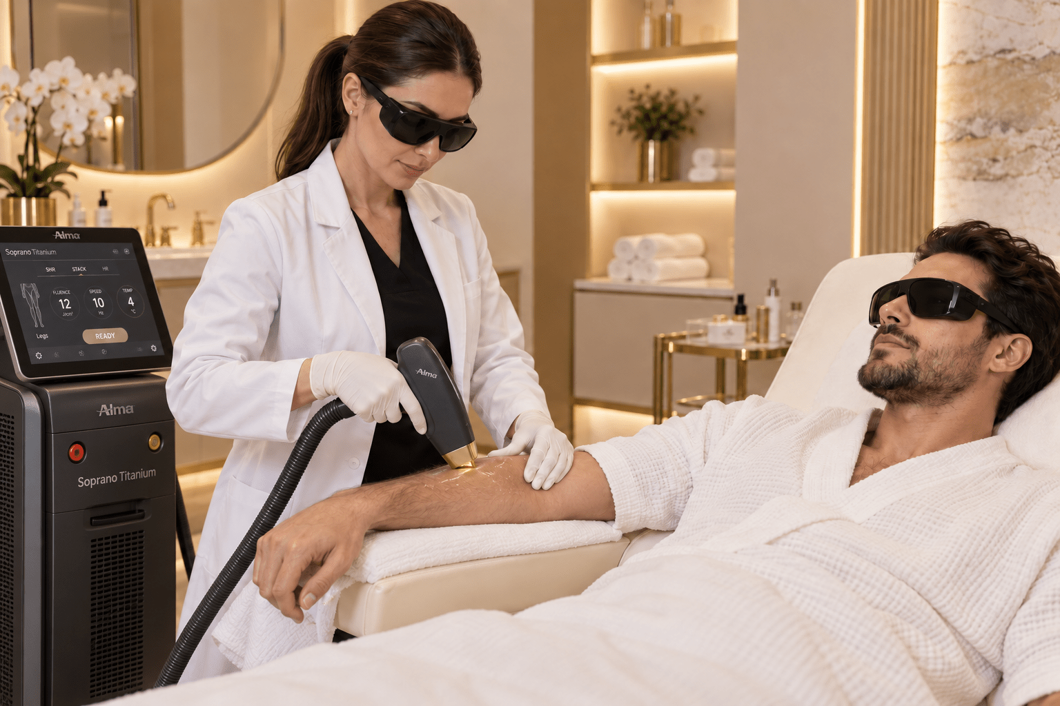 Male patient receiving precision beard shaping and laser hair grooming treatment